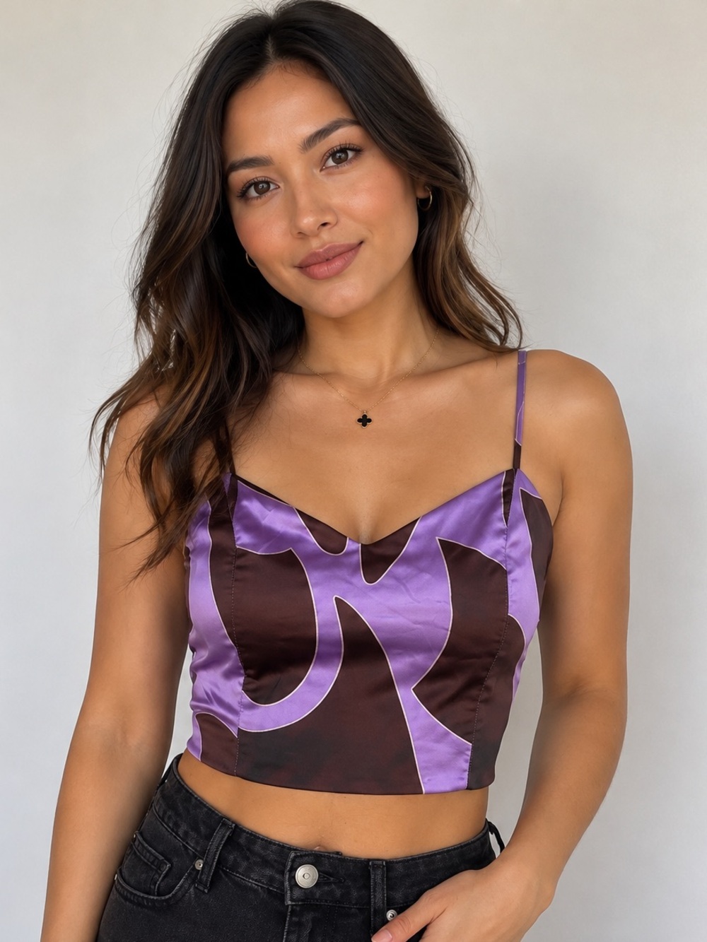 House of‎ Harlow 1960 Purple Brown Abstract Satin Smocked Crop Cami Top Medium